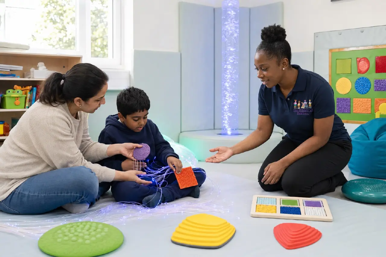 A child, parent and practitioner using a sensory-informed learning room