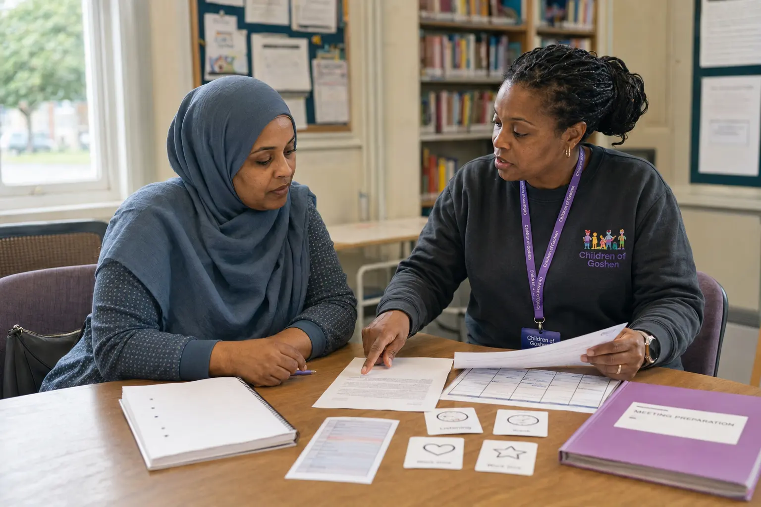 A mother preparing documents and questions with a Children of Goshen family-support facilitator